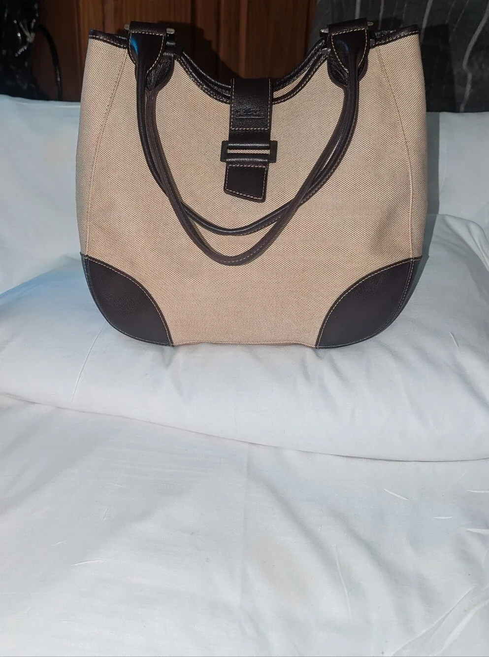 Longchamp Pliage Beige Canvas Tote with Dark Brown Trim Made in France